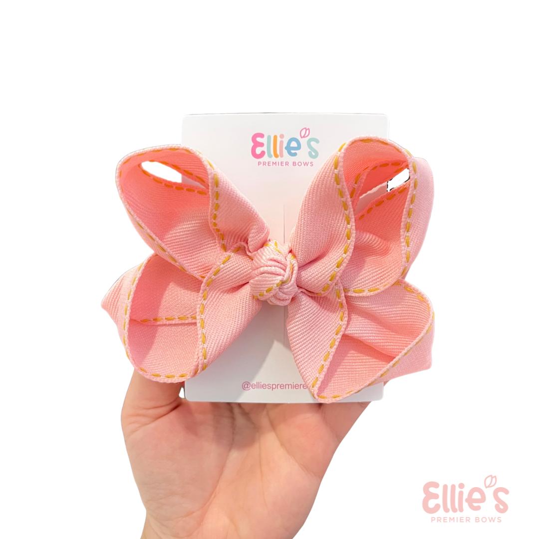 Pink Grosgrain Hair Bow | Handmade Boutique Bow with Yellow Stitch