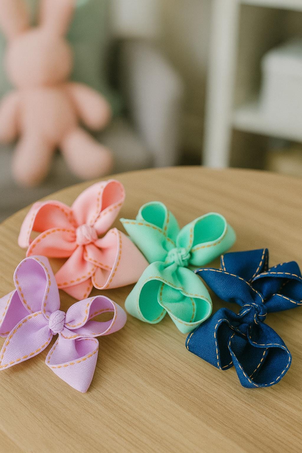 Pink Grosgrain Hair Bow | Handmade Boutique Bow with Yellow Stitch