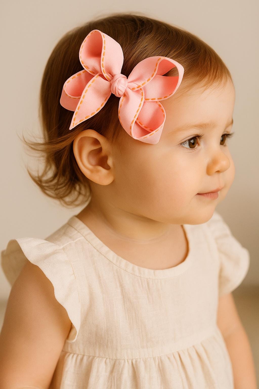 Pink Grosgrain Hair Bow | Handmade Boutique Bow with Yellow Stitch