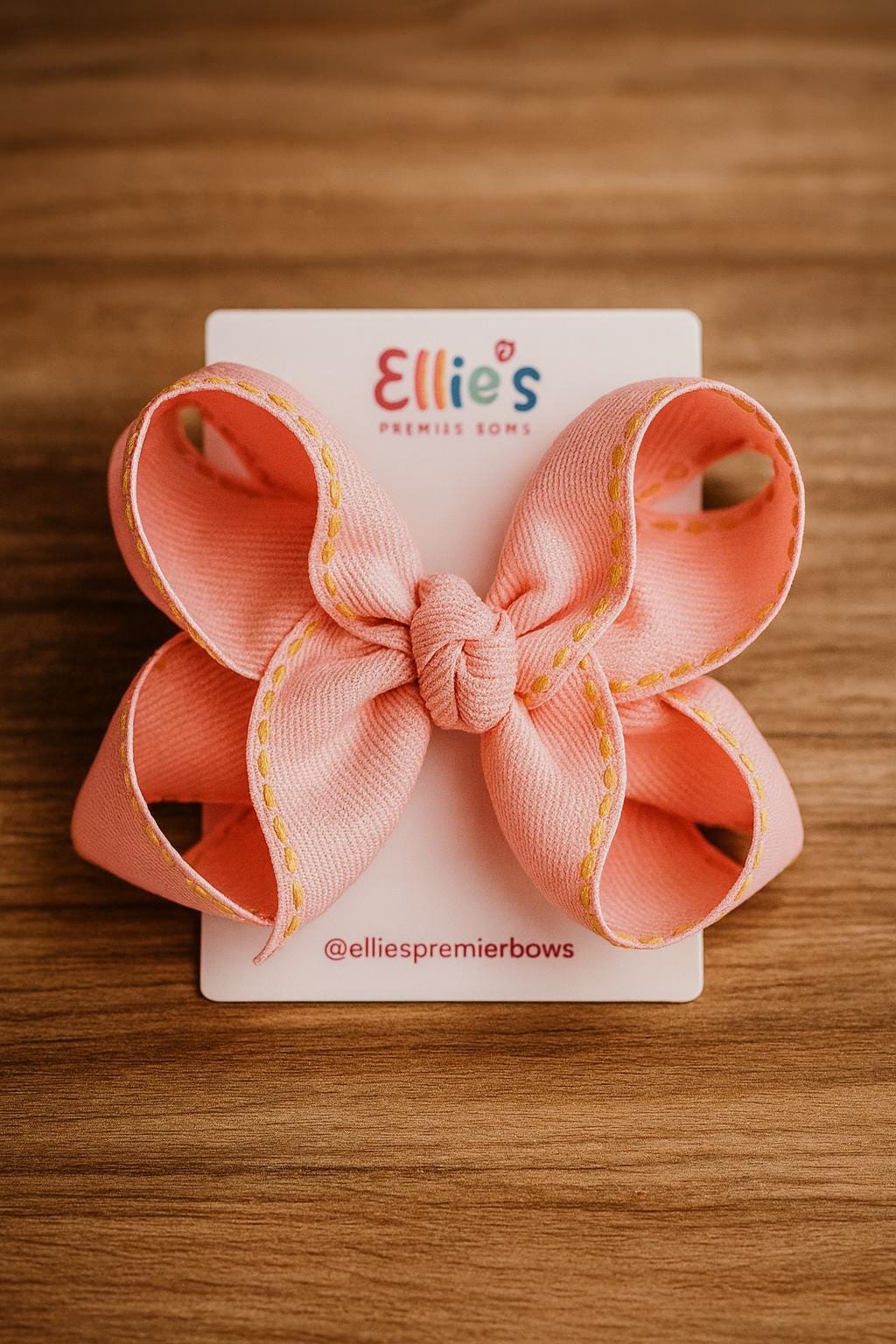 Pink Grosgrain Hair Bow | Handmade Boutique Bow with Yellow Stitch