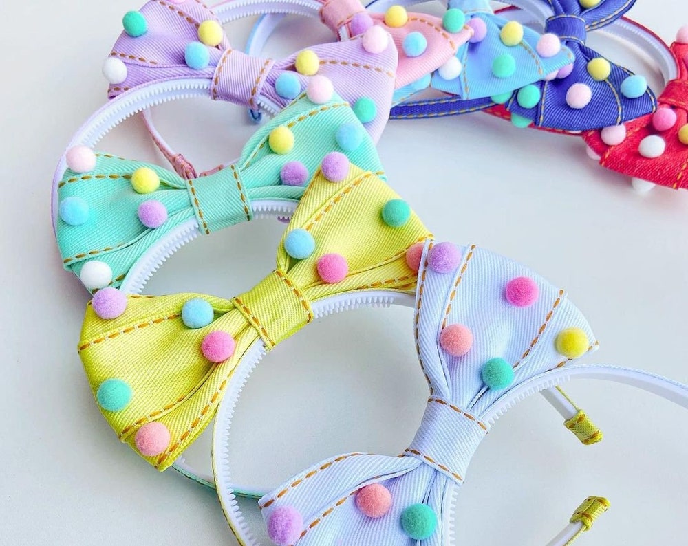 Girls' Bow Headband - Solid Color Ribbon, Pom Pom Hair Accessory